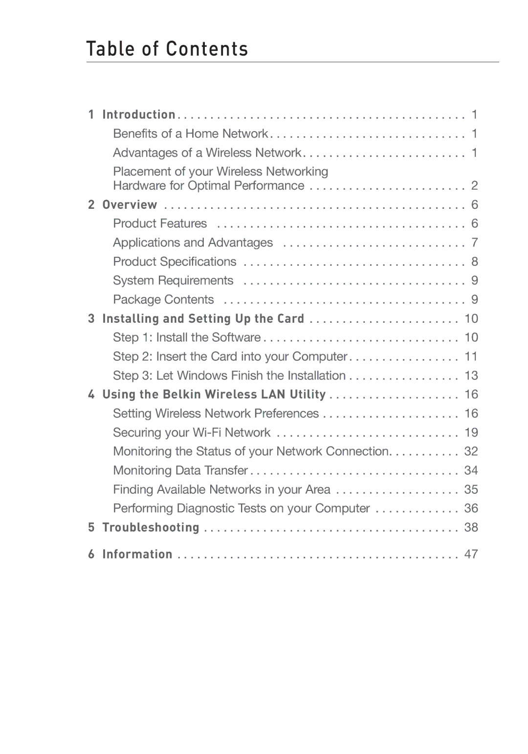 Belkin F5D7001 user manual Table of Contents 