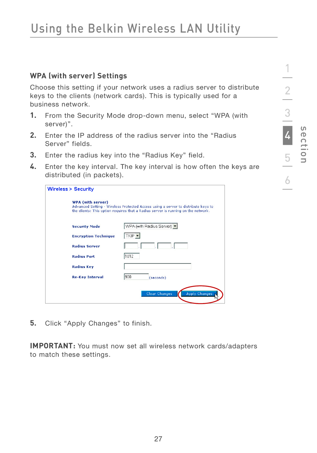 Belkin F5D7001 user manual WPA with server Settings 