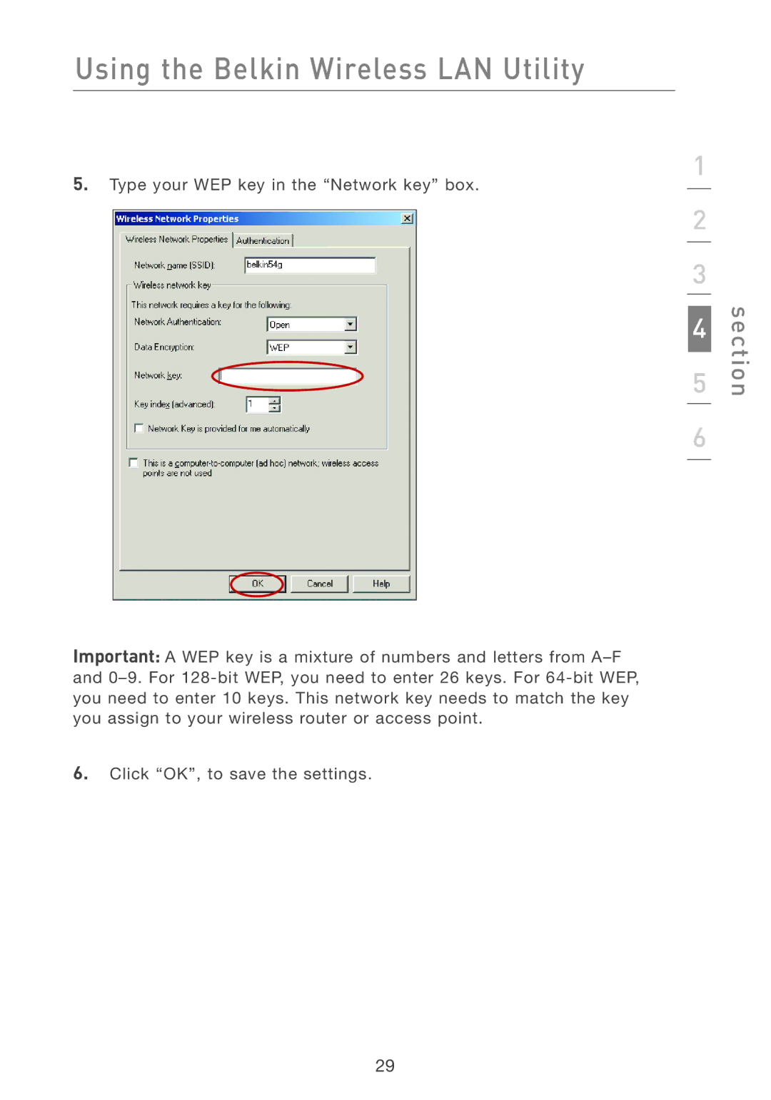 Belkin F5D7001 user manual Type your WEP key in the Network key box 