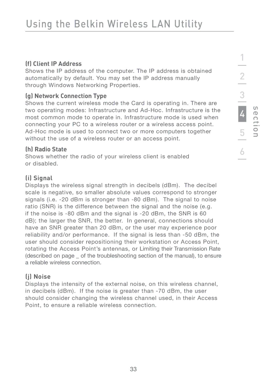 Belkin F5D7001 user manual Client IP Address, Network Connection Type, Radio State, Signal, Noise 