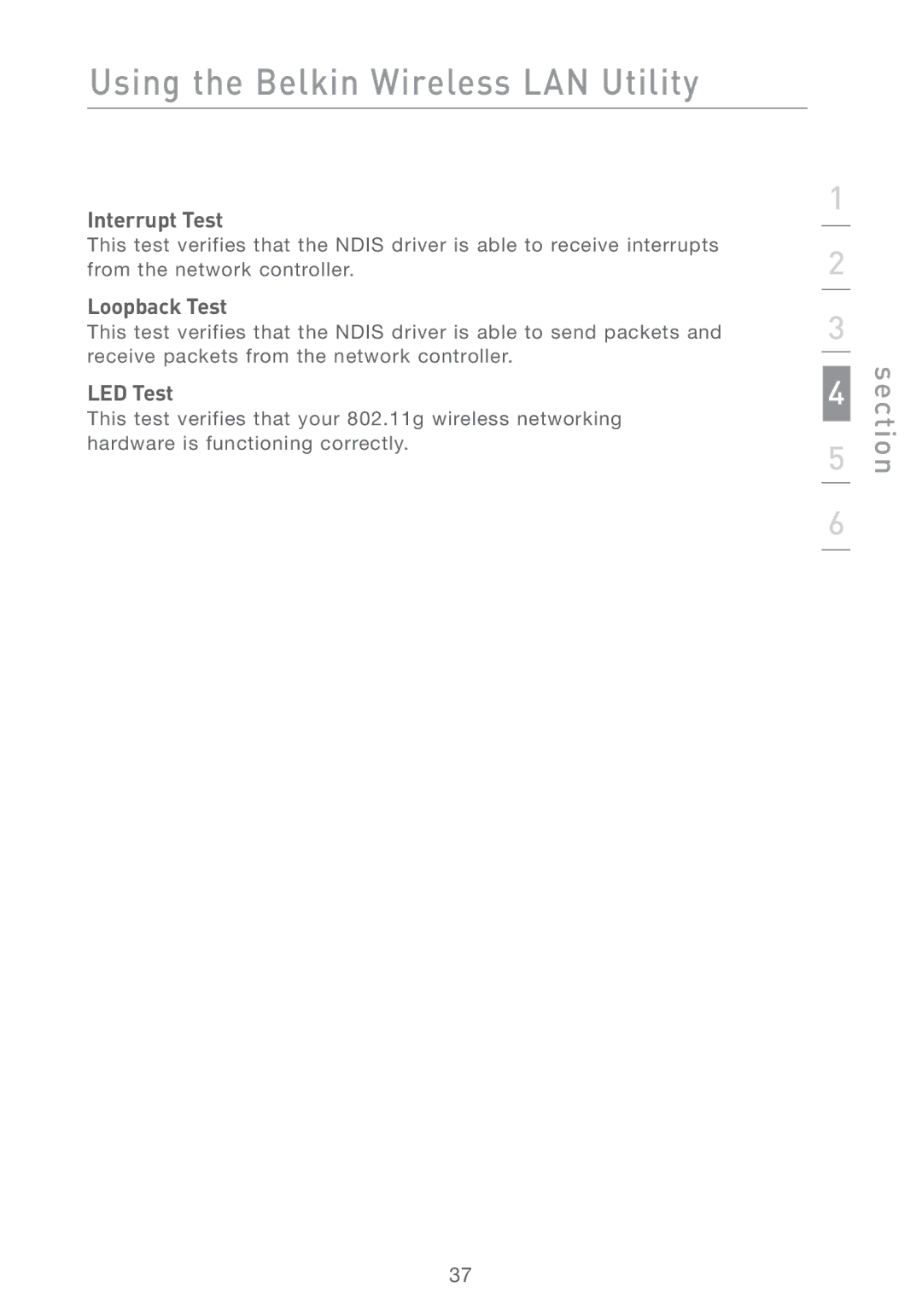 Belkin F5D7001 user manual Interrupt Test, Loopback Test, LED Test 