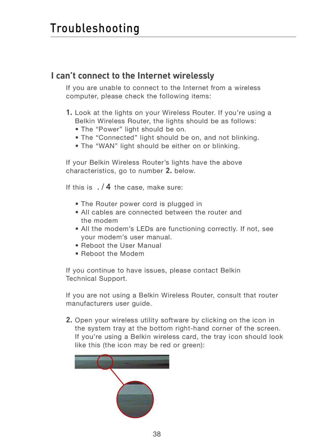 Belkin F5D7001 user manual Troubleshooting, Can’t connect to the Internet wirelessly 