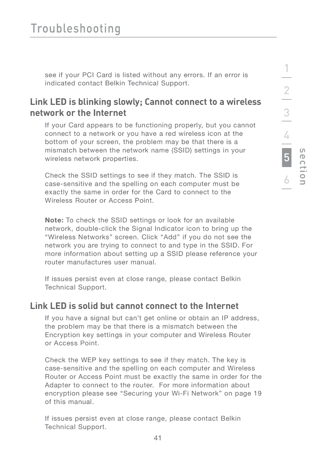 Belkin F5D7001 user manual Link LED is solid but cannot connect to the Internet 