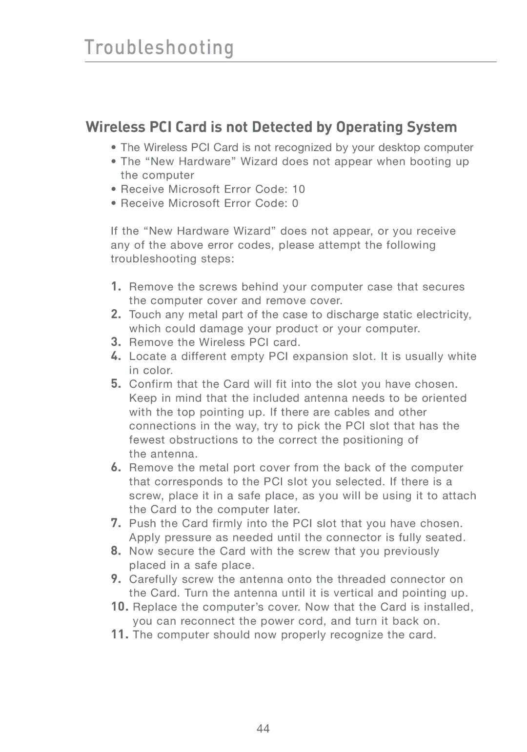 Belkin F5D7001 user manual Wireless PCI Card is not Detected by Operating System 