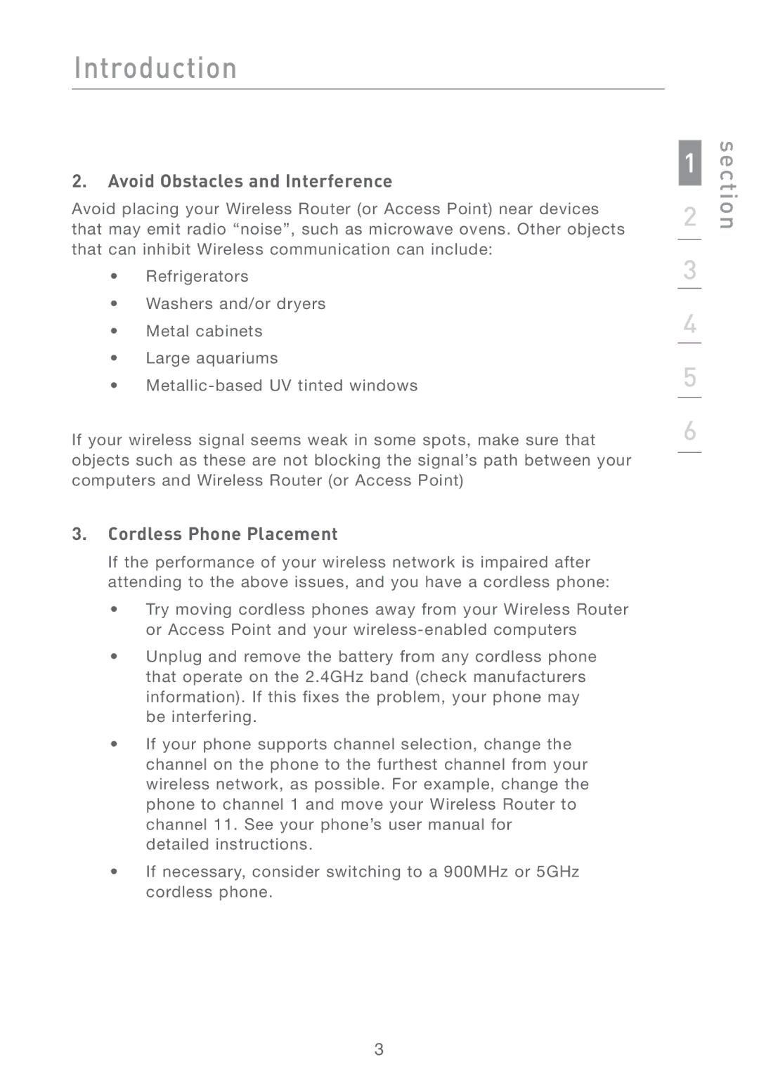 Belkin F5D7001 user manual Avoid Obstacles and Interference, Cordless Phone Placement 