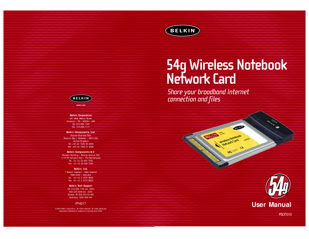 Belkin F5D7010 user manual 54g Wireless Notebook Network Card, User Manual, P74217, Belkin Corporation 
