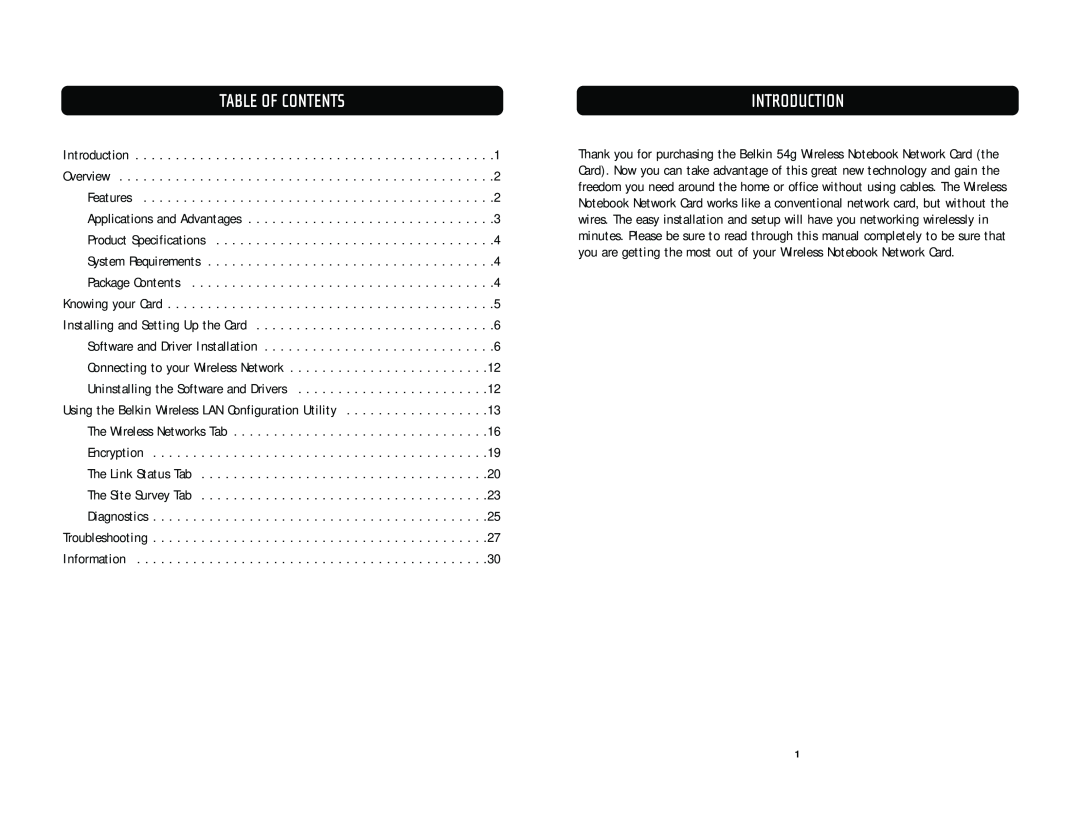 Belkin F5D7010 user manual Table Of Contents, Introduction 