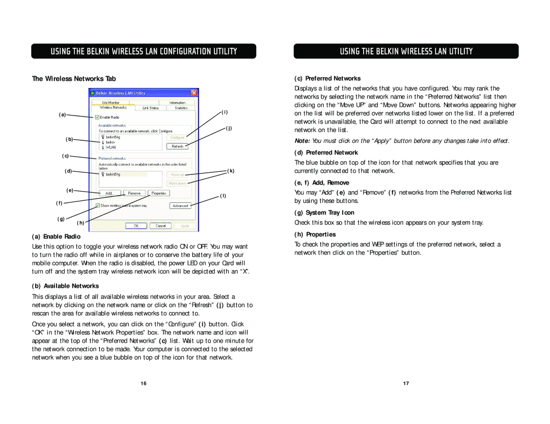 Belkin F5D7010 user manual Using the Belkin Wireless LAN Utility, Wireless Networks Tab 