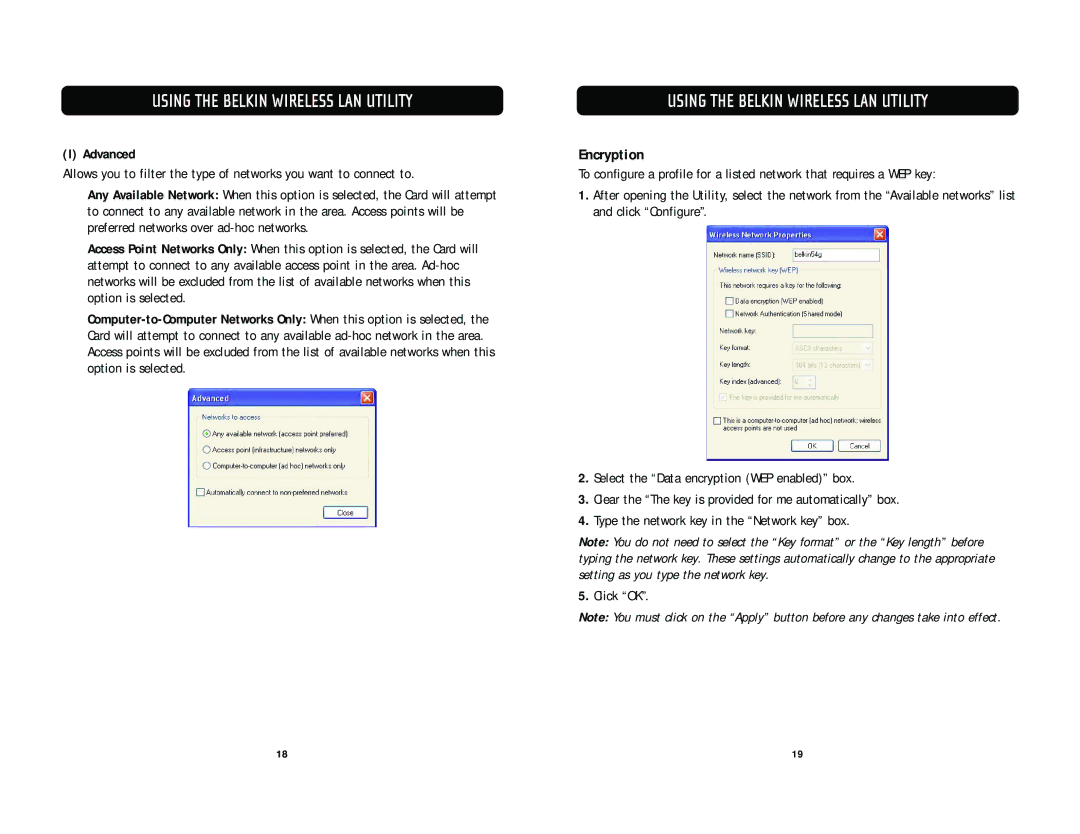 Belkin F5D7010 user manual Encryption, Advanced 