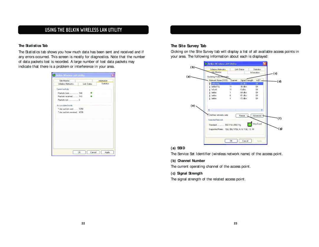 Belkin F5D7010 user manual Site Survey Tab, Statistics Tab, Channel Number 