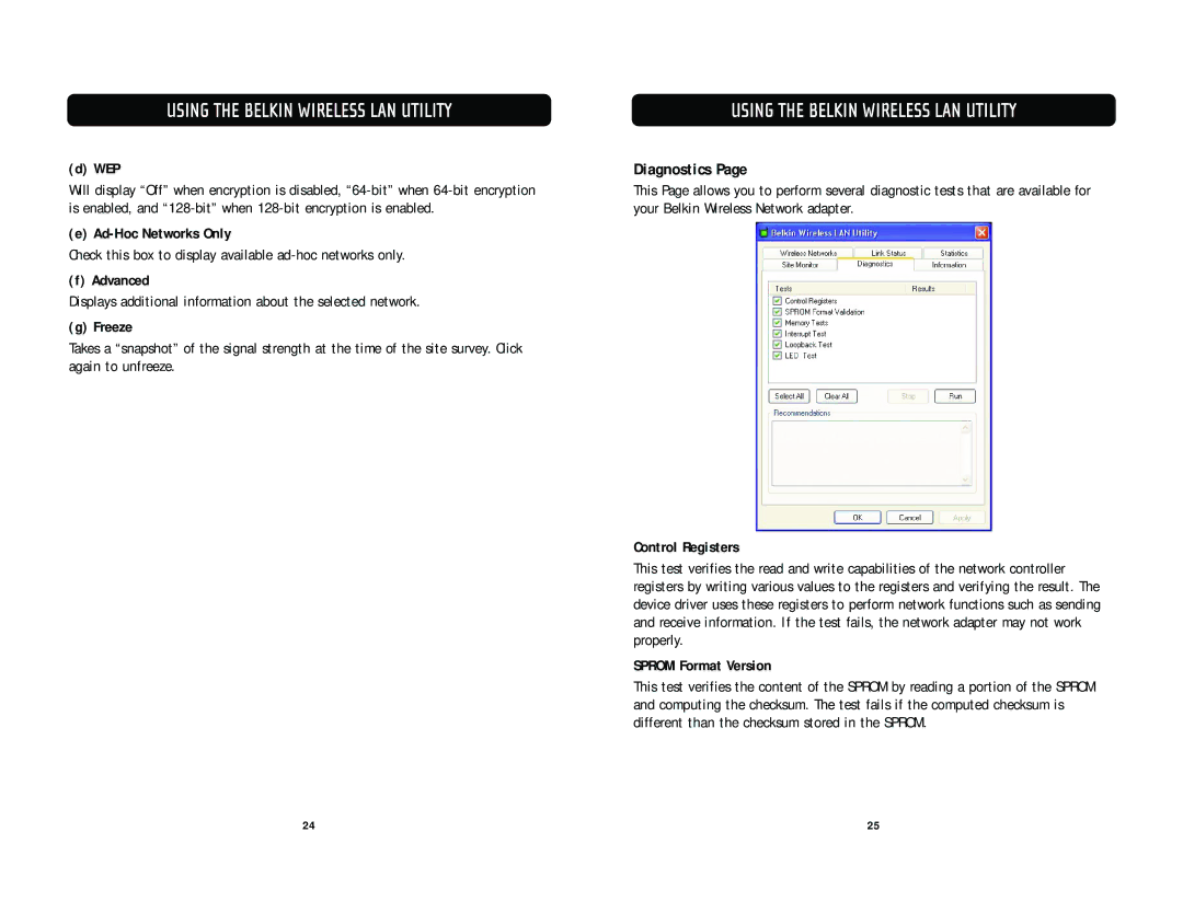 Belkin F5D7010 user manual Diagnostics, Ad-Hoc Networks Only, Freeze, Control Registers, Sprom Format Version 