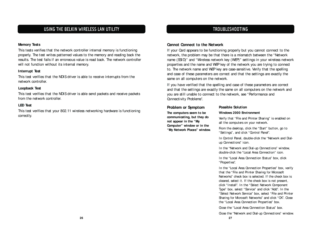 Belkin F5D7010 user manual Troubleshooting, Cannot Connect to the Network, Problem or Symptom 