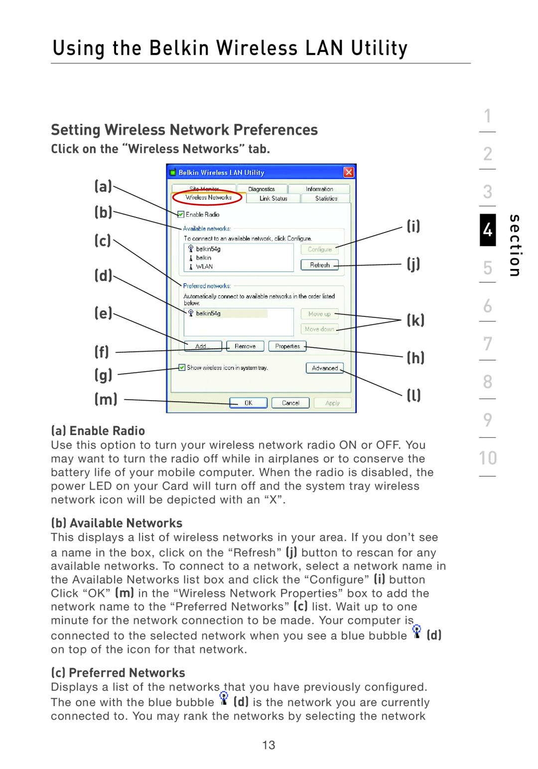 Belkin F5D7011 Setting Wireless Network Preferences, a b c d e f g m, i j k h l, Click on the “Wireless Networks” tab 