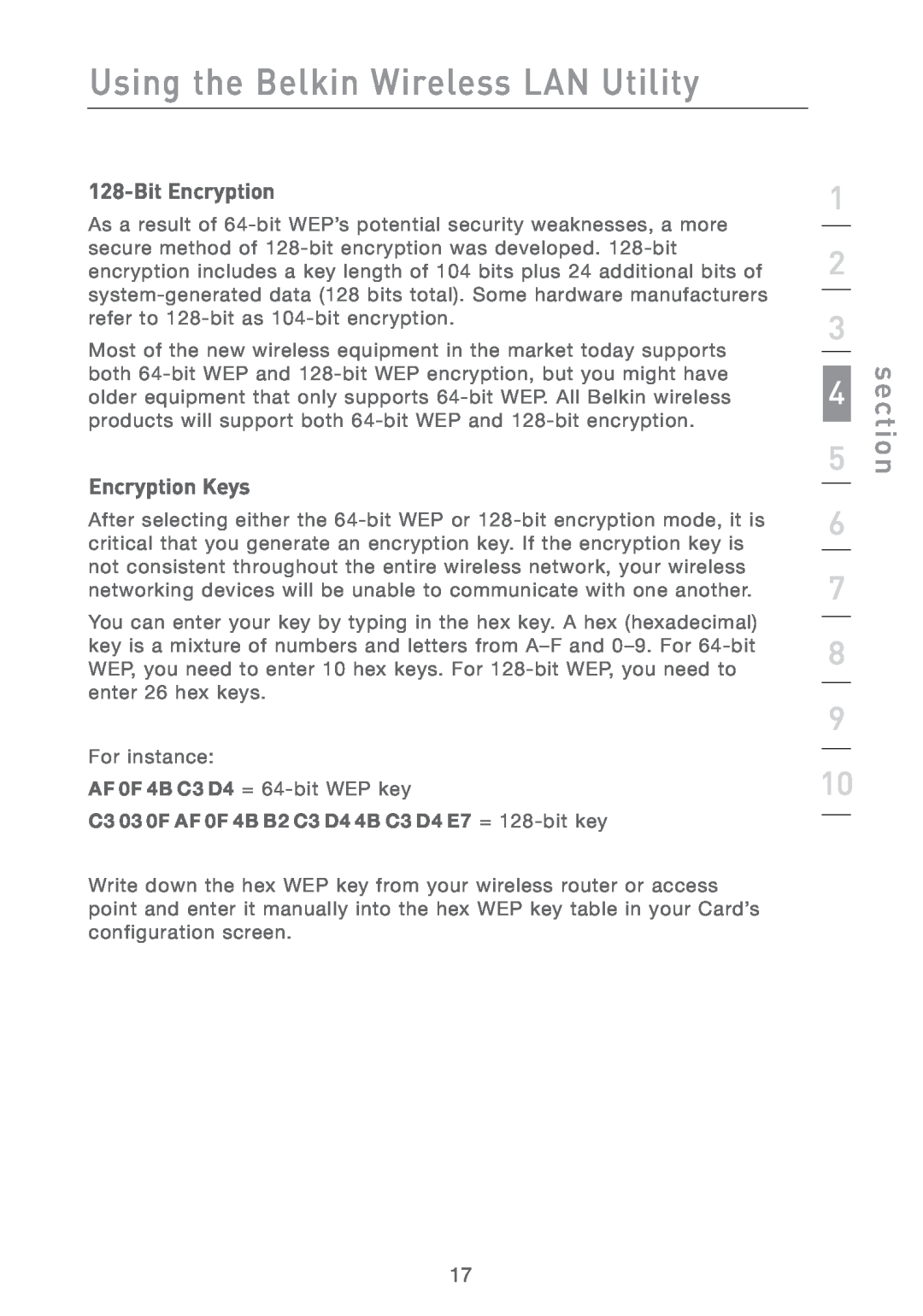 Belkin F5D7011 manual Bit Encryption, Encryption Keys, Using the Belkin Wireless LAN Utility, section 