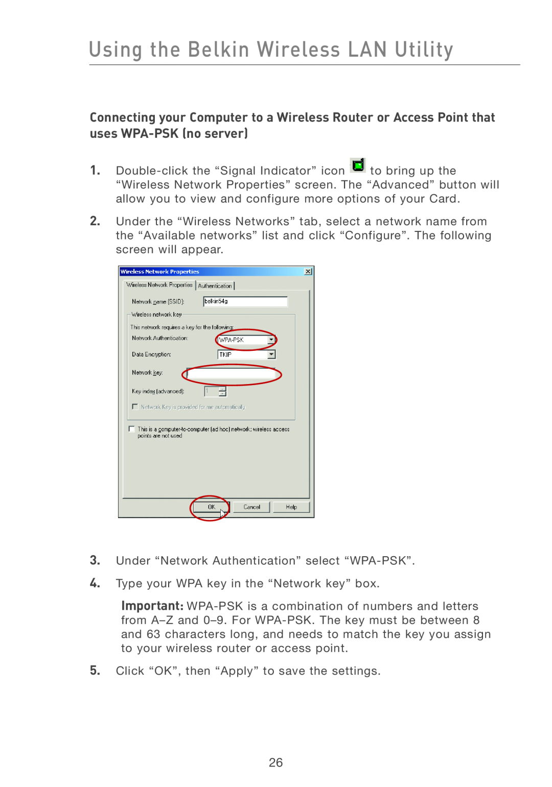 Belkin F5D7011 manual Using the Belkin Wireless LAN Utility, Under “Network Authentication” select “WPA-PSK” 