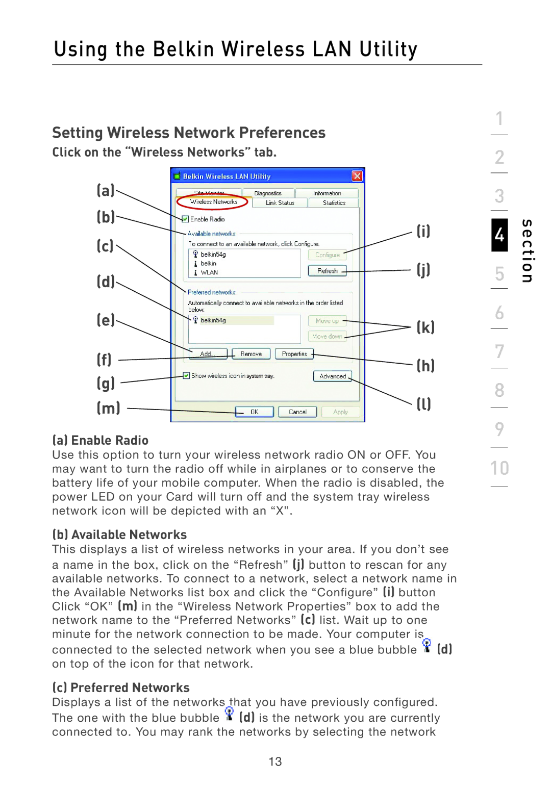 Belkin F5D7011 Setting Wireless Network Preferences, Click on the Wireless Networks tab, Enable Radio, Available Networks 