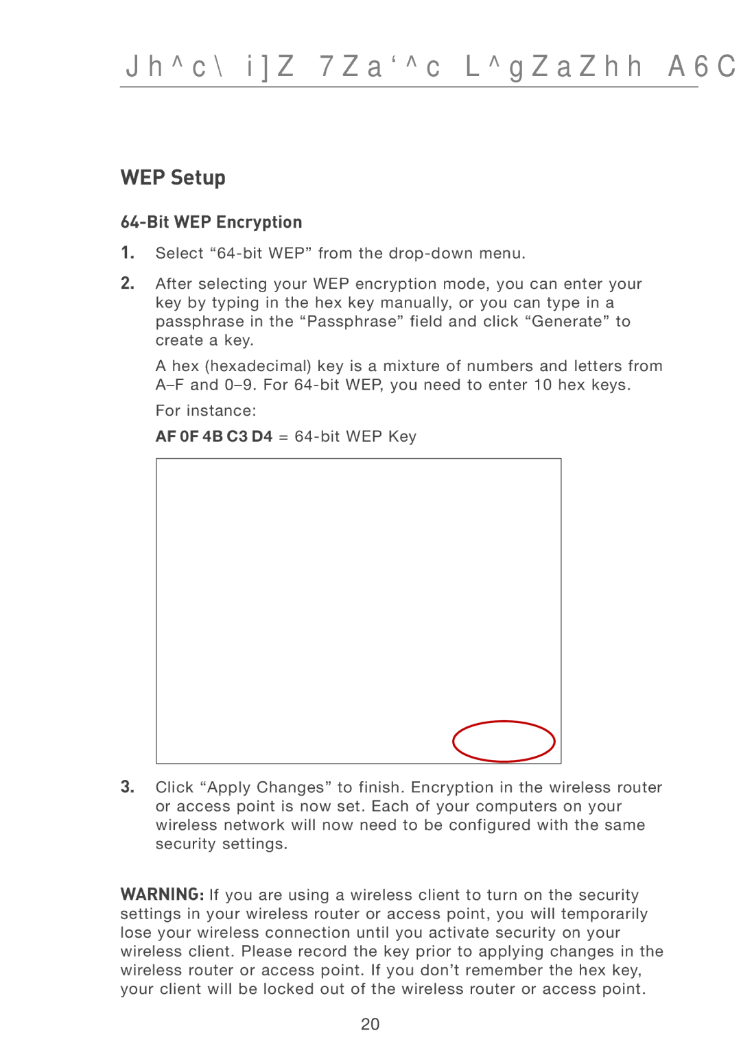 Belkin F5D7011 manual WEP Setup, Bit WEP Encryption 