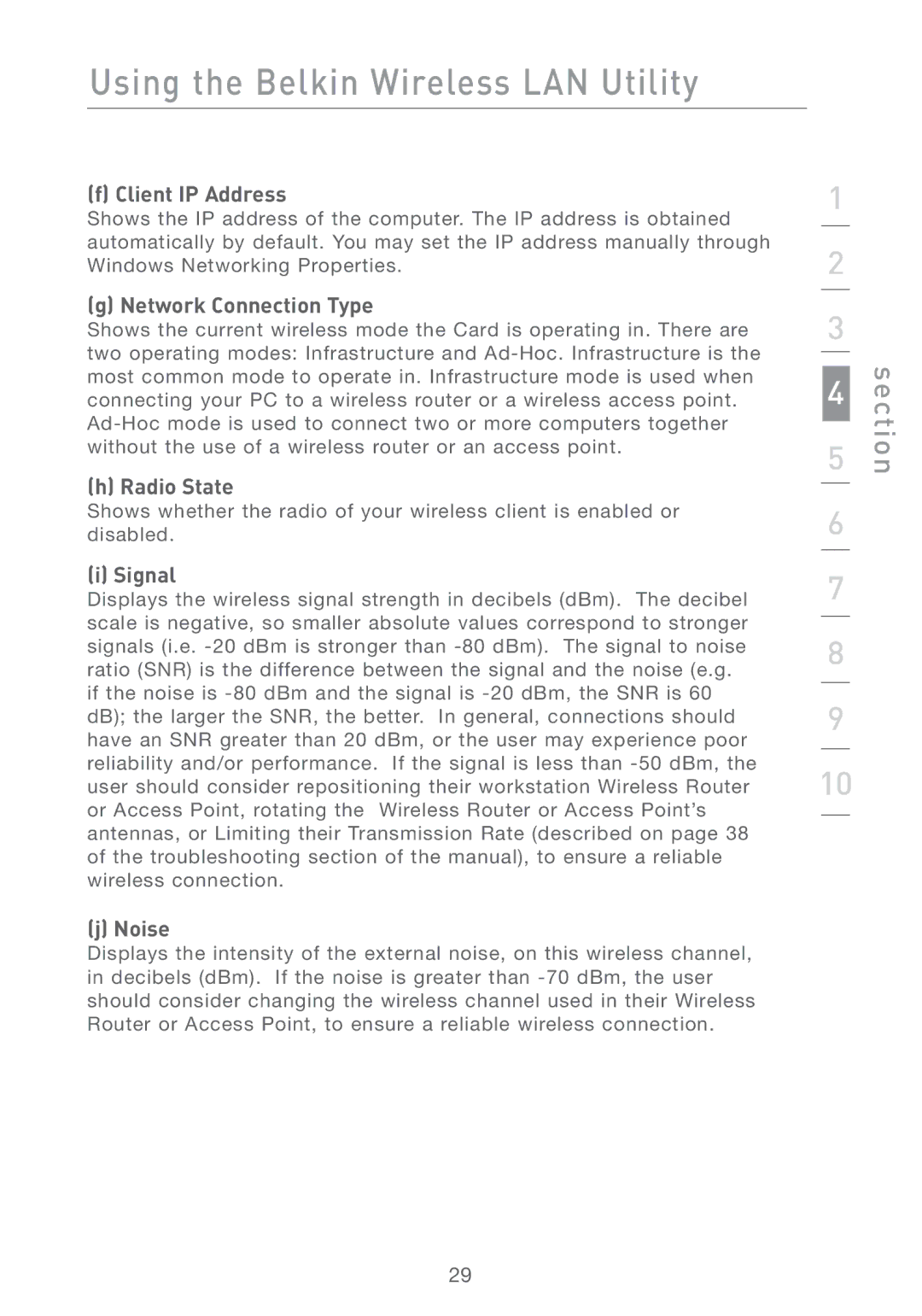 Belkin F5D7011 manual Client IP Address, Network Connection Type, Radio State, Signal, Noise 