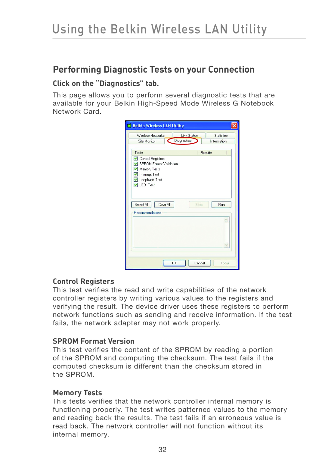 Belkin F5D7011 manual Performing Diagnostic Tests on your Connection, Click on the Diagnostics tab, Control Registers 