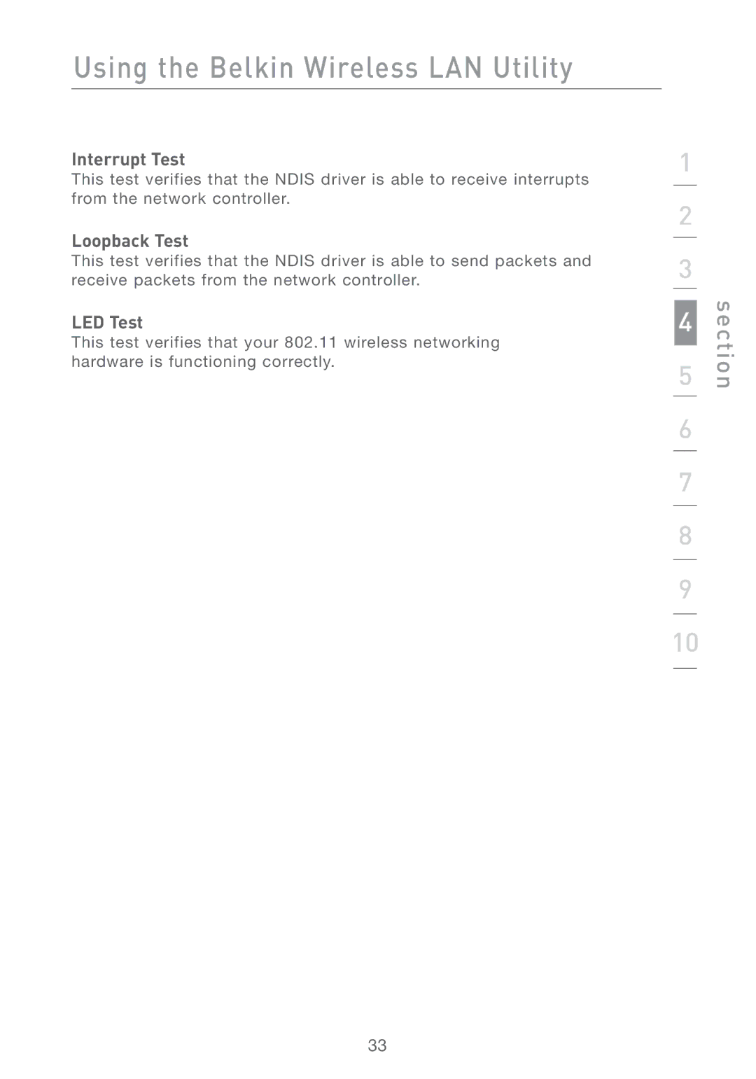 Belkin F5D7011 manual Interrupt Test, Loopback Test, LED Test 