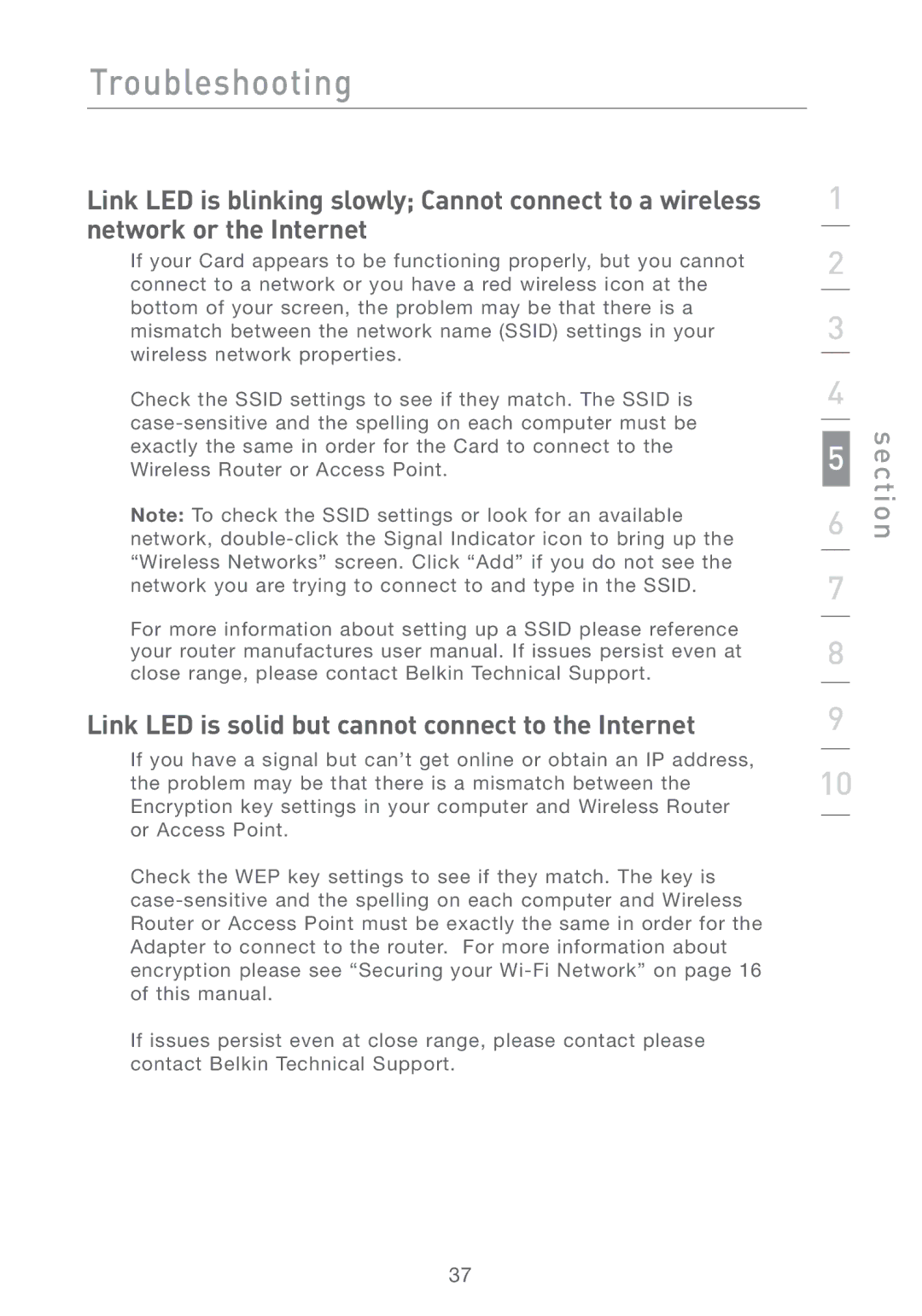 Belkin F5D7011 manual Link LED is solid but cannot connect to the Internet 