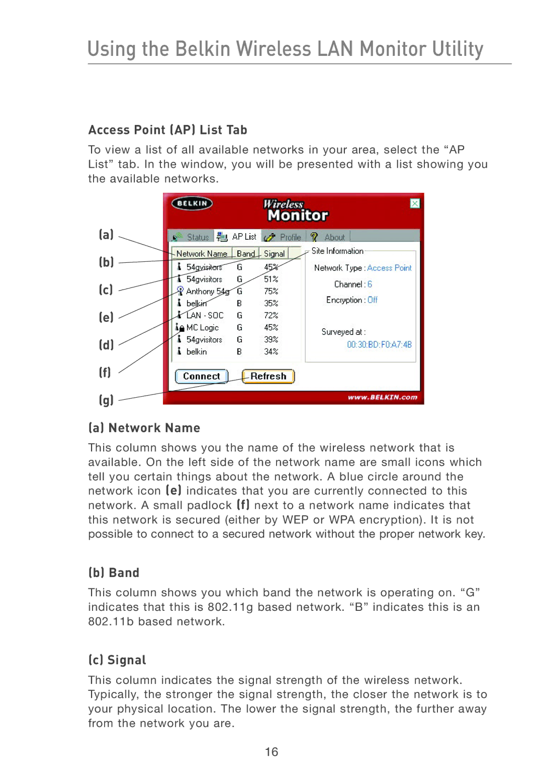 Belkin F5D7050 user manual Access Point AP List Tab, Network Name, Band, Signal 