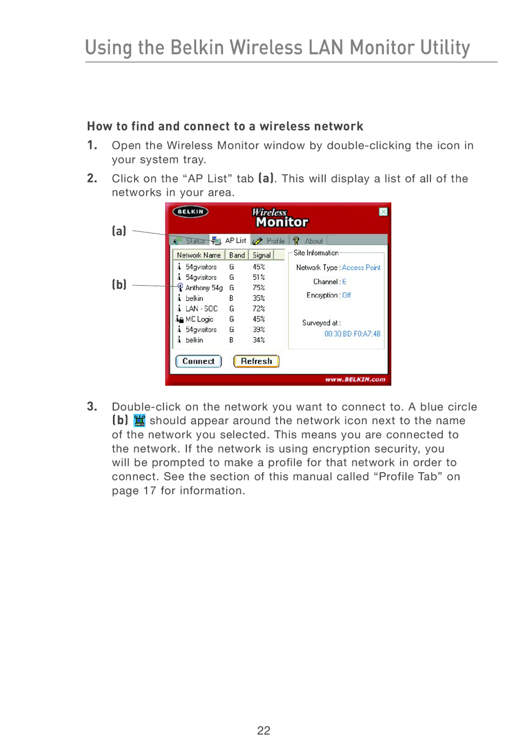 Belkin F5D7050 user manual How to find and connect to a wireless network 