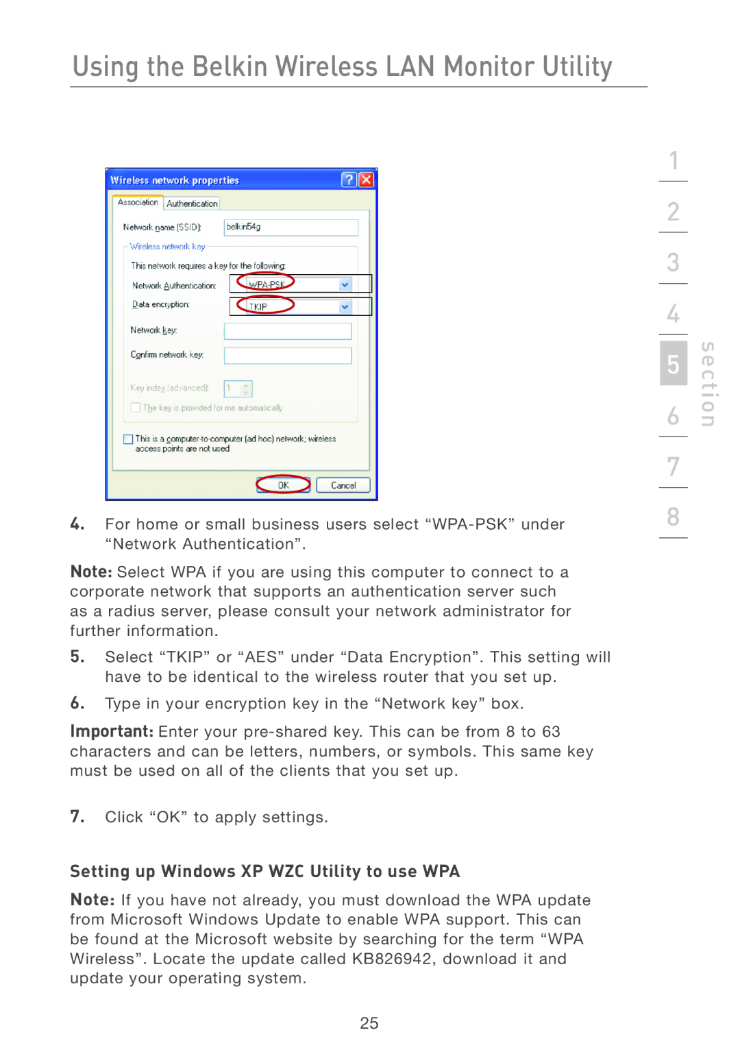 Belkin F5D7050 user manual Setting up Windows XP WZC Utility to use WPA 