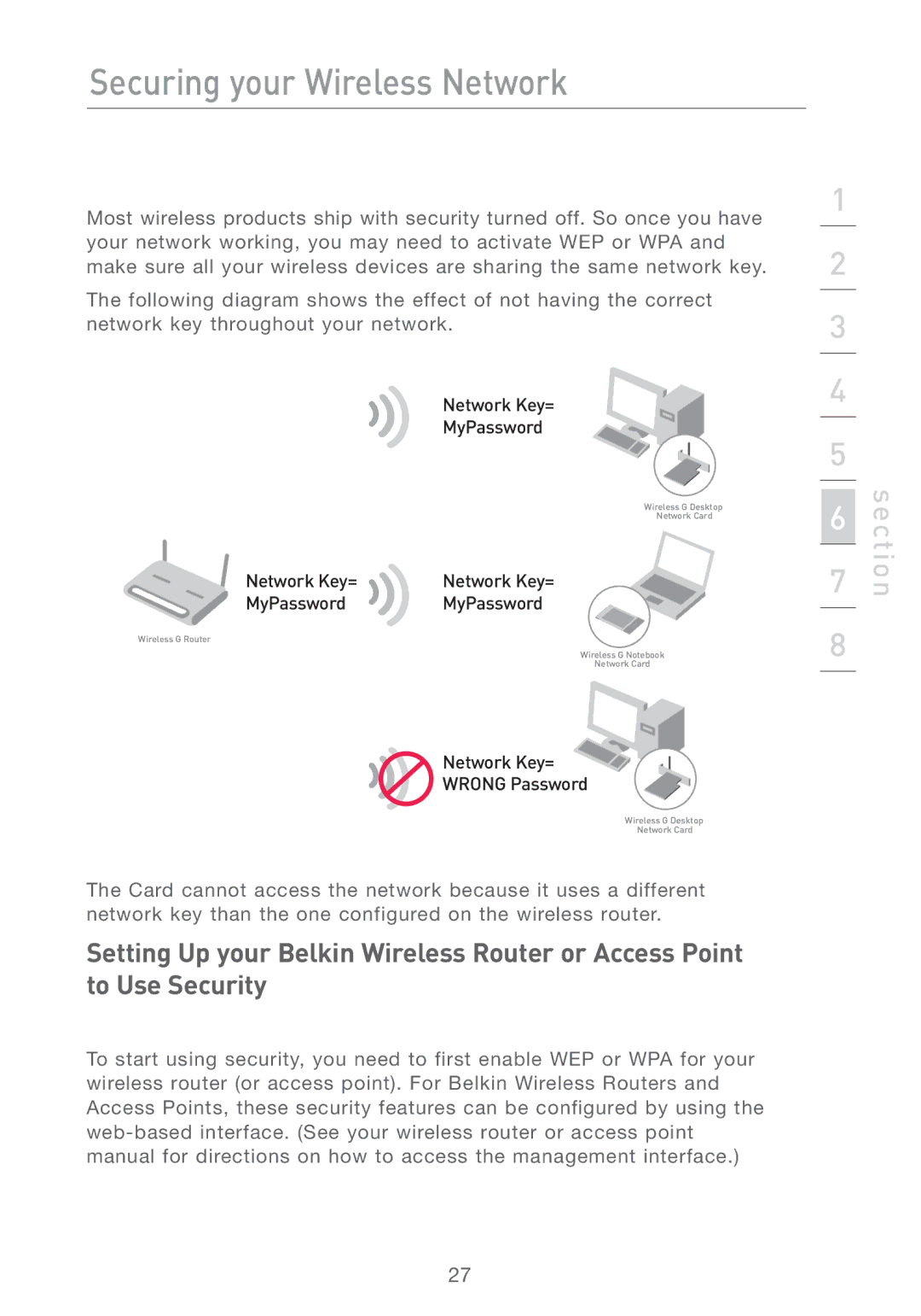 Belkin F5D7050 user manual Securing your Wireless Network 