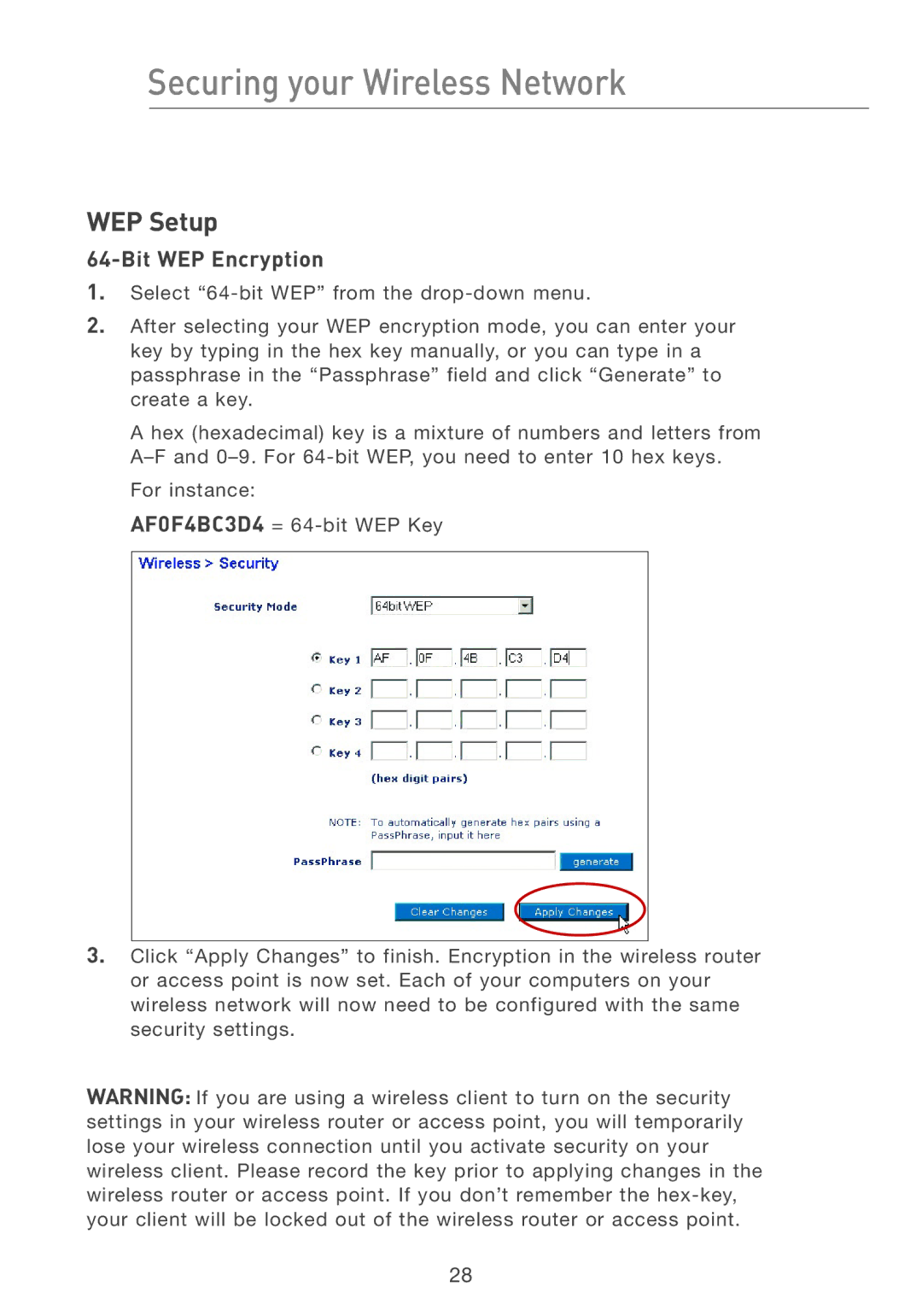 Belkin F5D7050 user manual WEP Setup, Bit WEP Encryption 