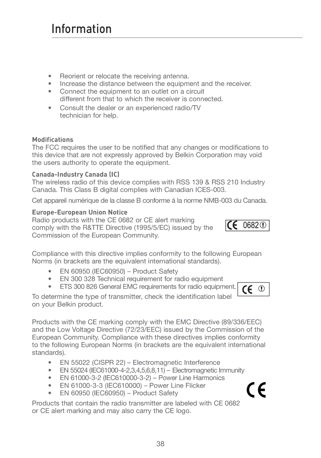 Belkin F5D7050 user manual Modifications, Canada-Industry Canada IC, Europe-European Union Notice 