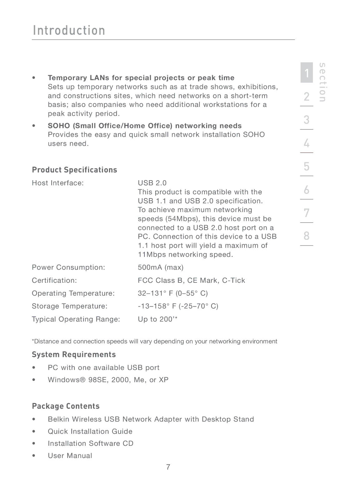 Belkin F5D7050 user manual Product Specifications, System Requirements, Package Contents 