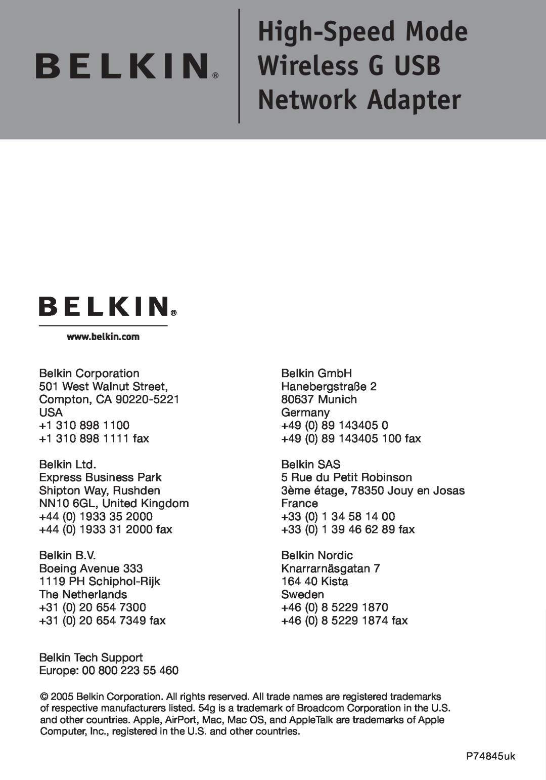 Belkin F5D7051 manual High-Speed Mode Wireless G USB Network Adapter 