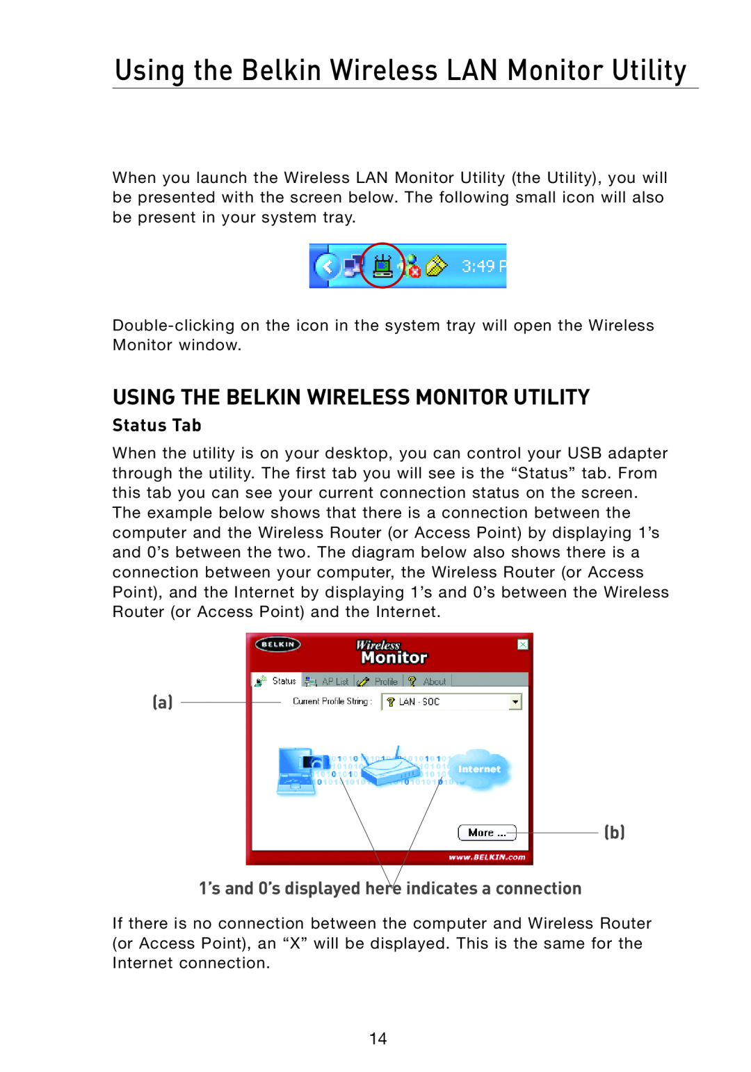 Belkin F5D7051 manual Using the Belkin Wireless LAN Monitor Utility, Using The Belkin Wireless Monitor Utility, Status Tab 