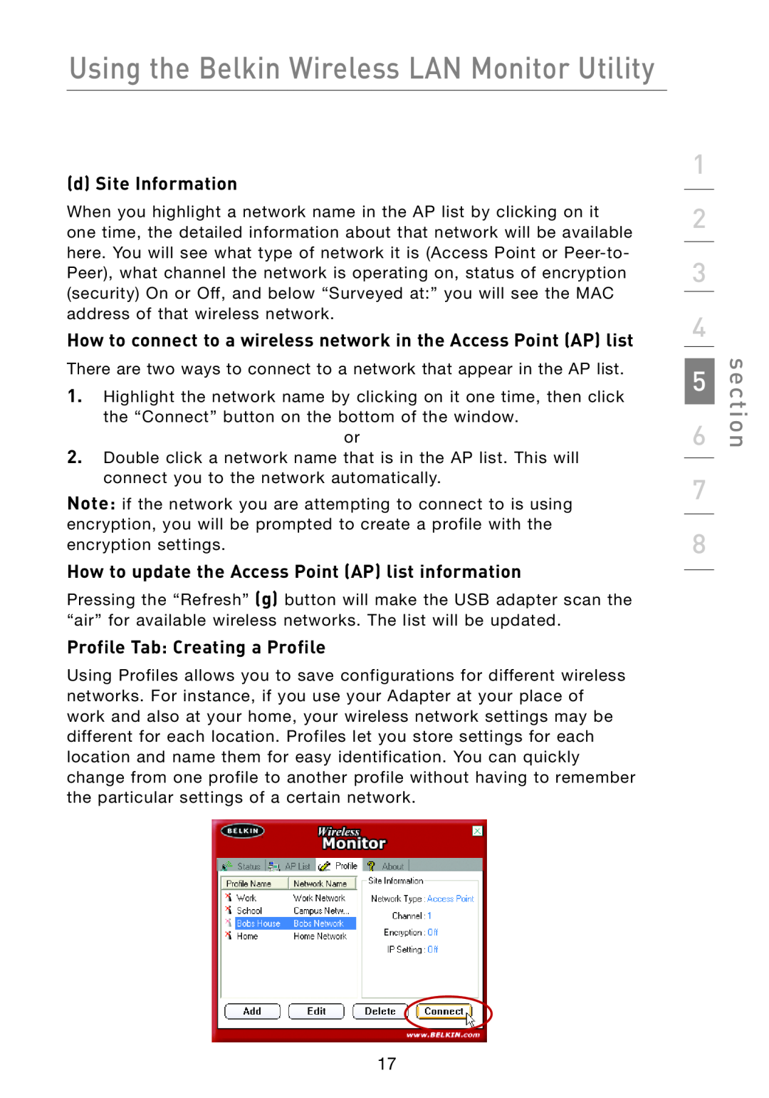 Belkin F5D7051 manual d Site Information, How to connect to a wireless network in the Access Point AP list, section 