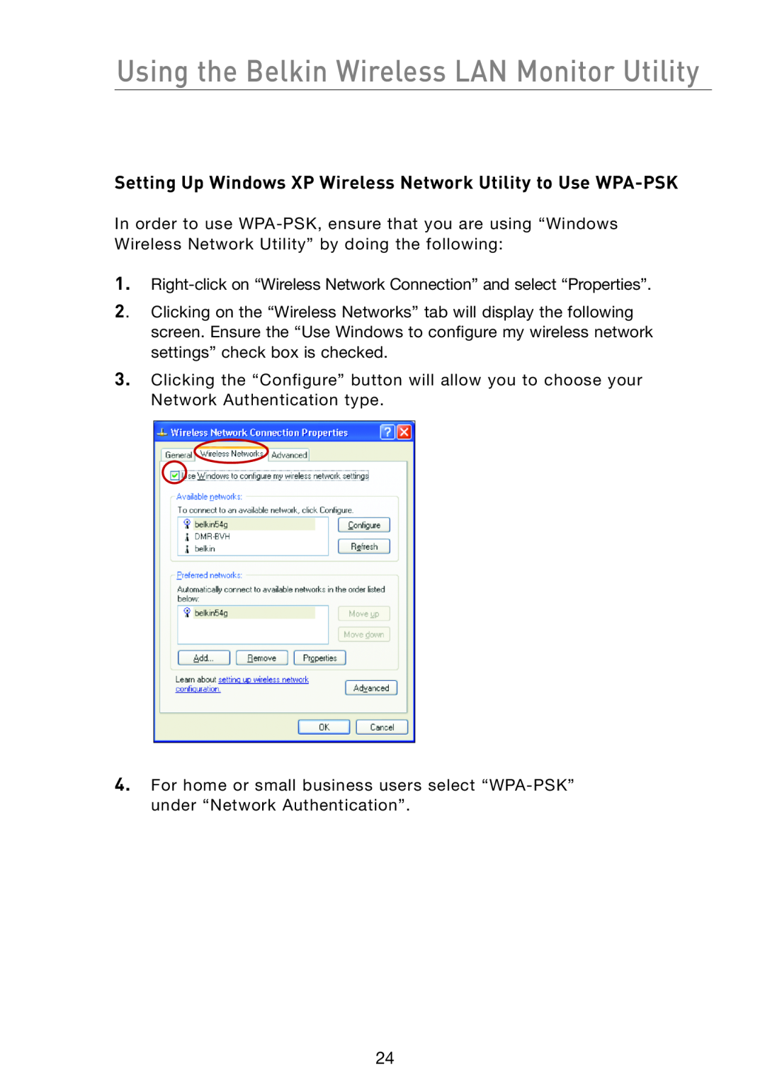 Belkin F5D7051 manual Setting Up Windows XP Wireless Network Utility to Use WPA-PSK 
