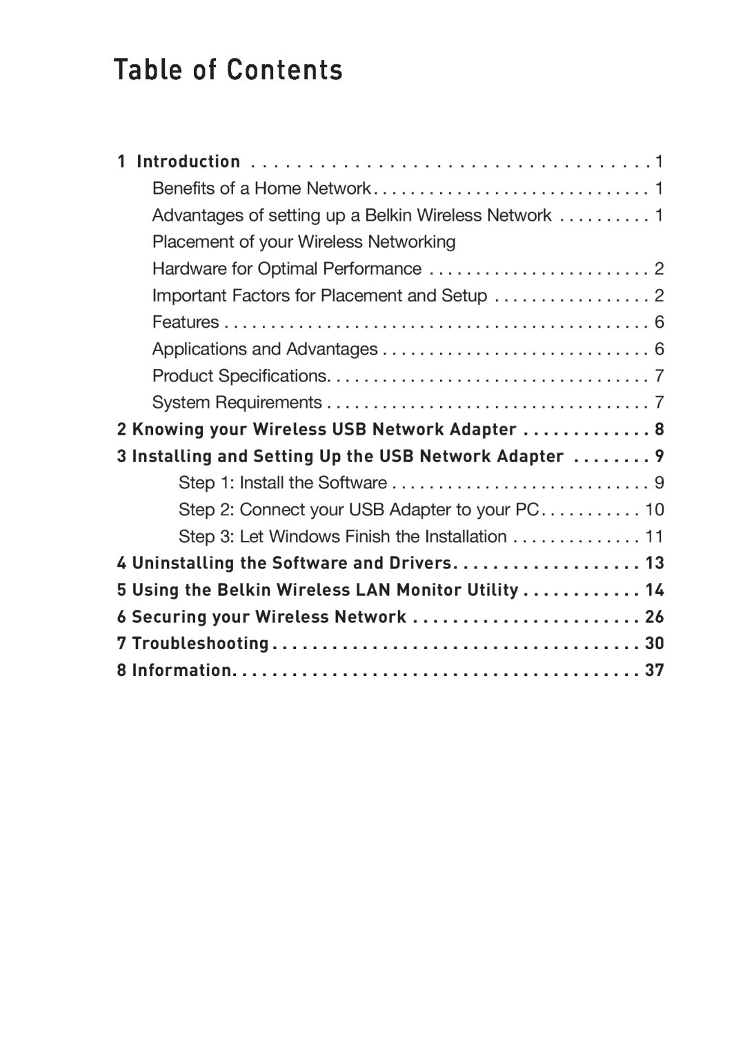 Belkin F5D7051 manual Table of Contents 