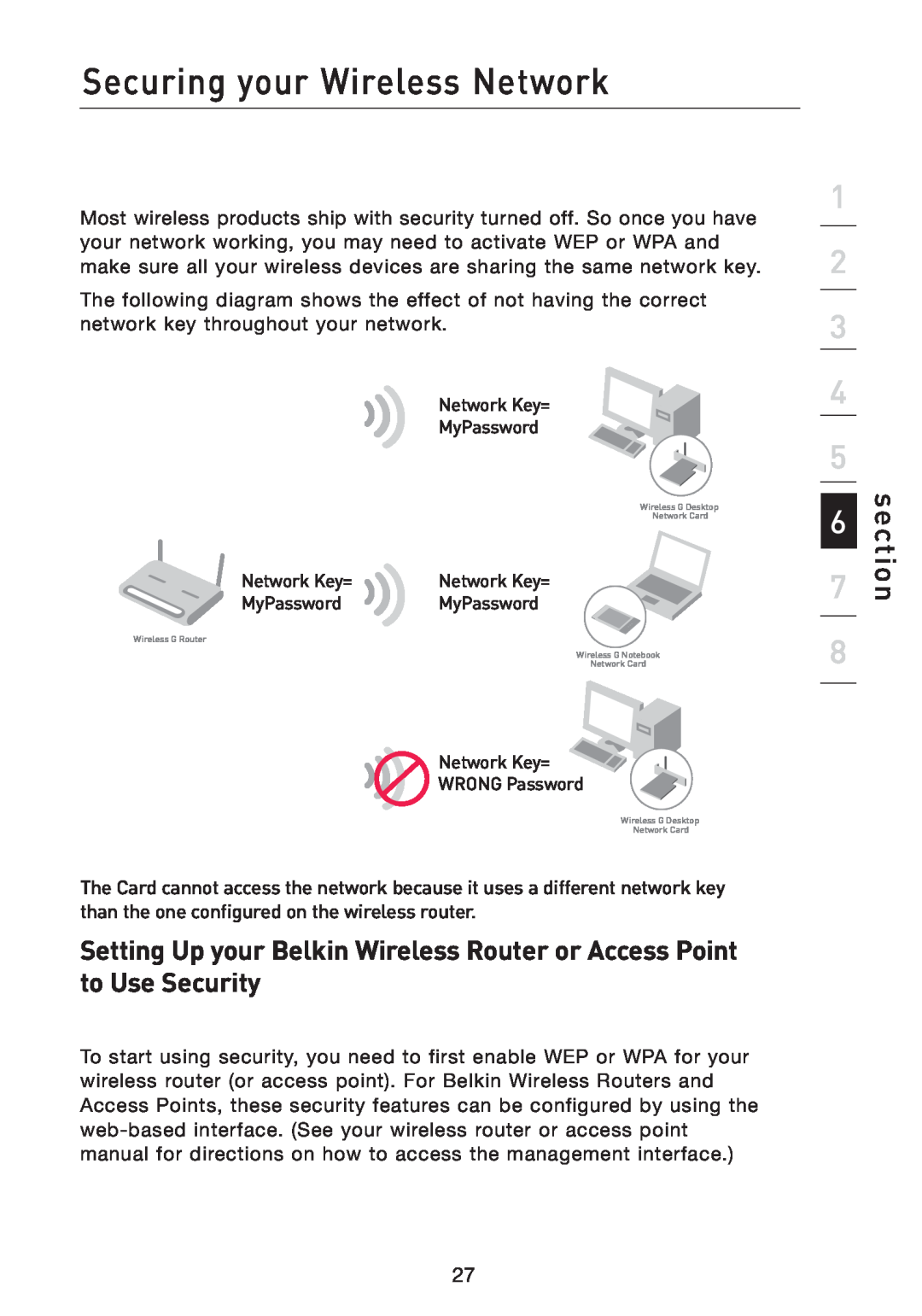 Belkin F5D7051 manual Securing your Wireless Network, section, Network Key= 