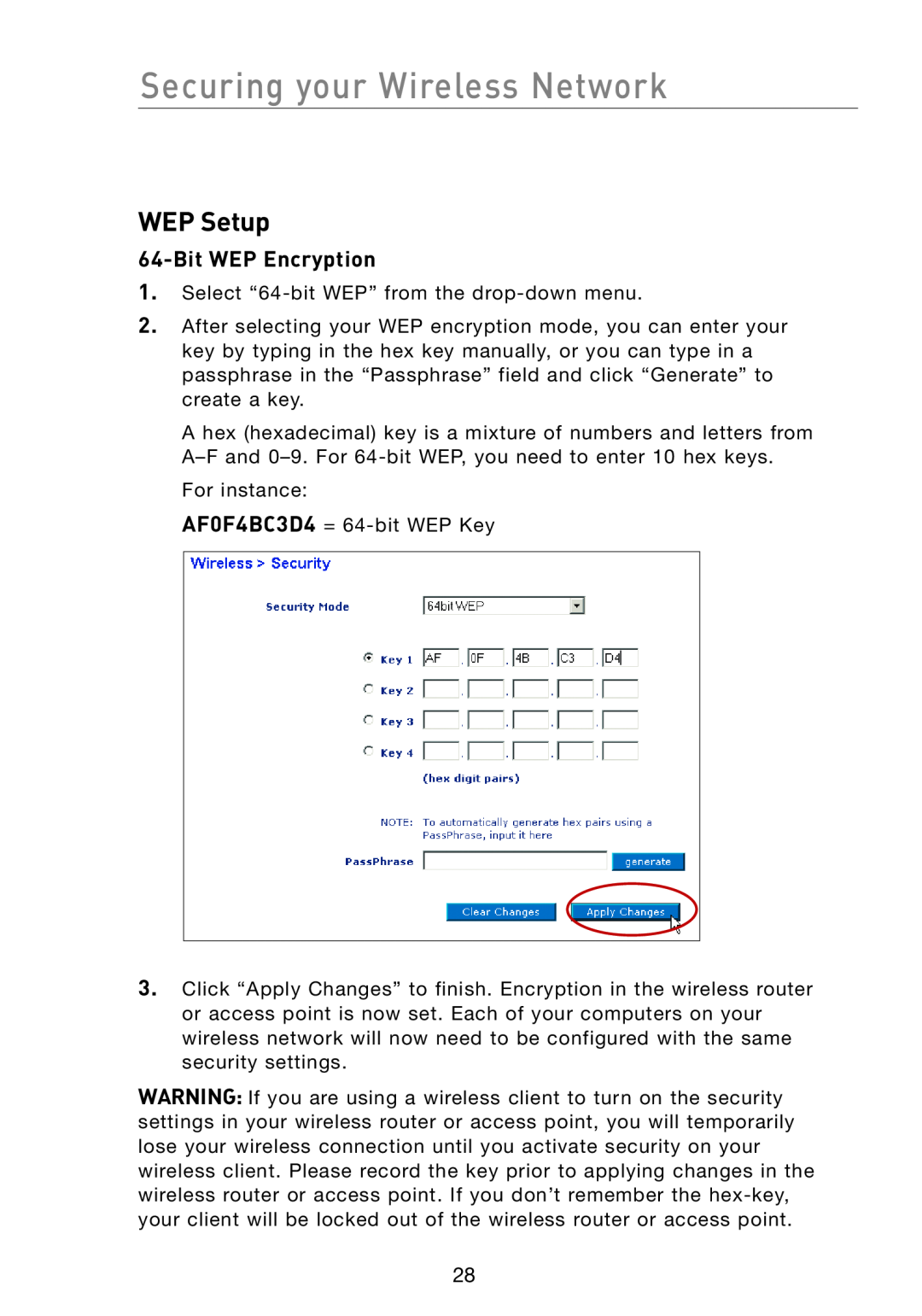 Belkin F5D7051 manual Securing your Wireless Network, WEP Setup, Bit WEP Encryption 