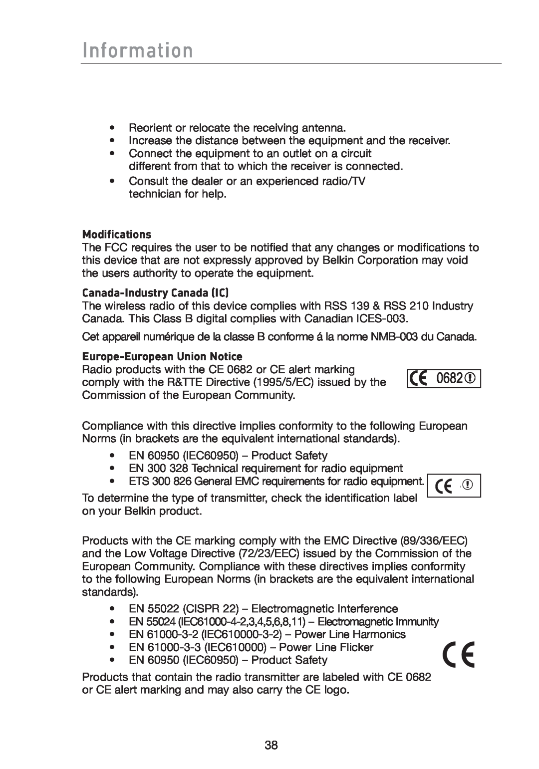 Belkin F5D7051 manual Information, Modifications, Canada-Industry Canada IC, Europe-European Union Notice 