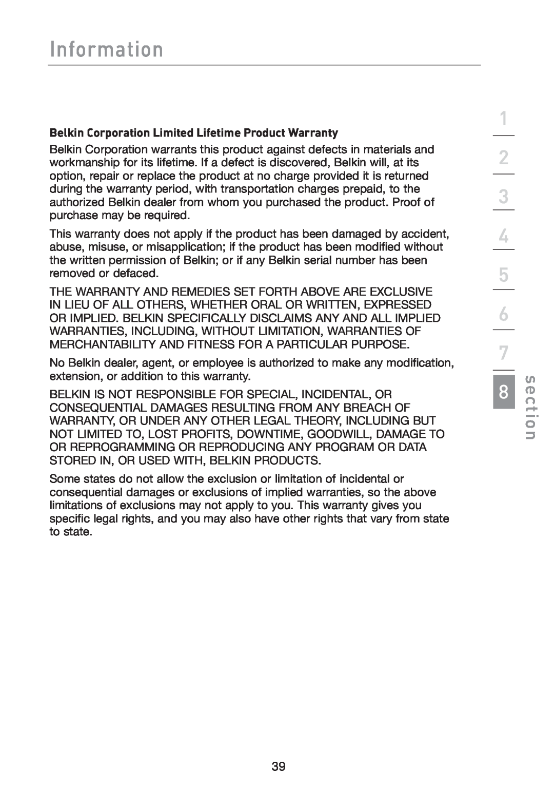 Belkin F5D7051 manual Information, section, Belkin Corporation Limited Lifetime Product Warranty 