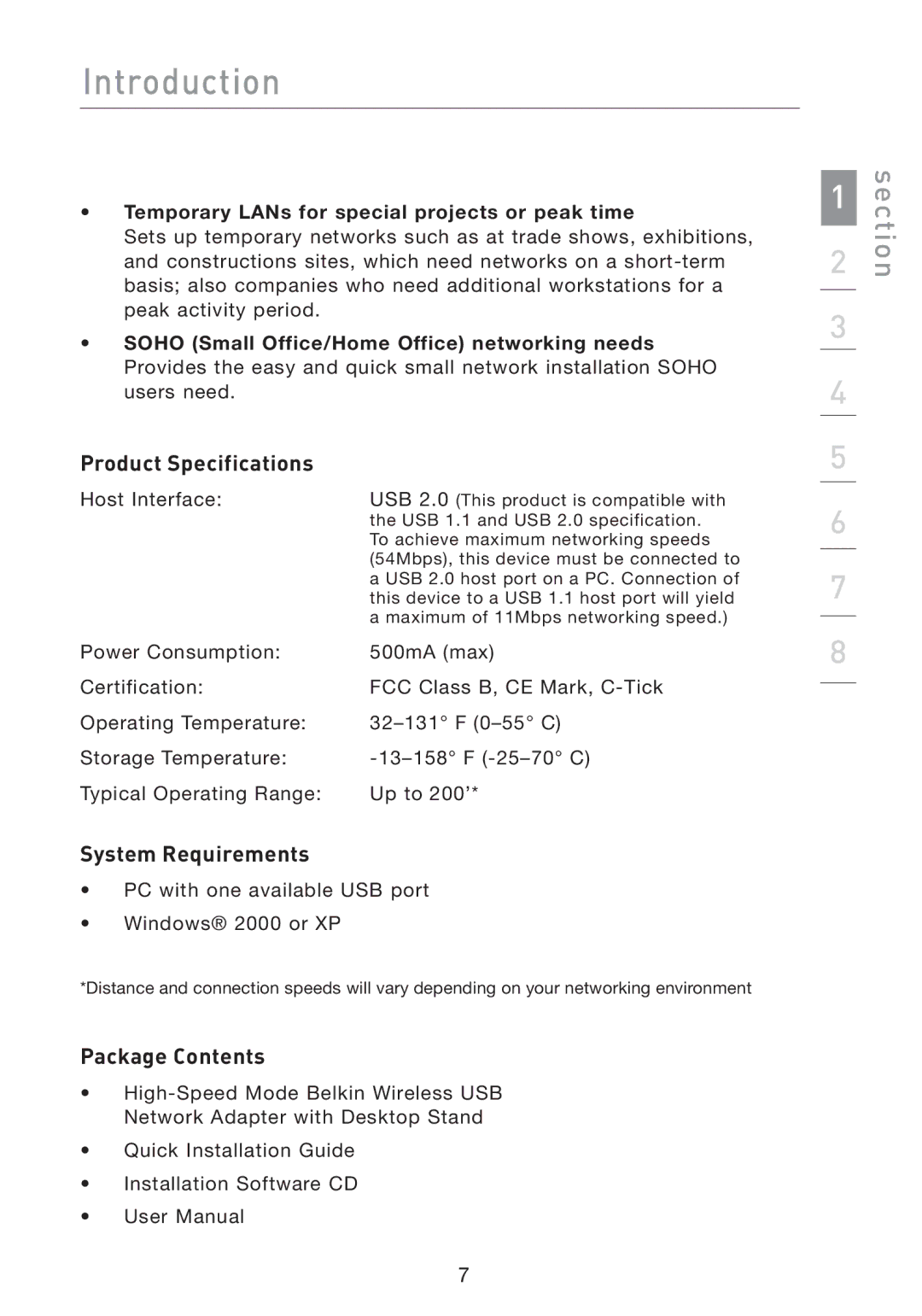 Belkin F5D7051 manual Product Specifications, System Requirements, Package Contents 