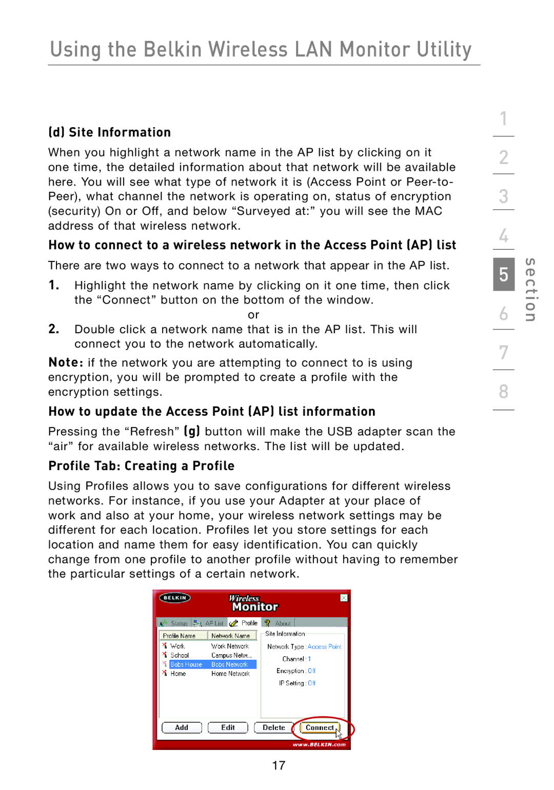 Belkin F5D7051 manual Site Information, How to update the Access Point AP list information, Profile Tab Creating a Profile 