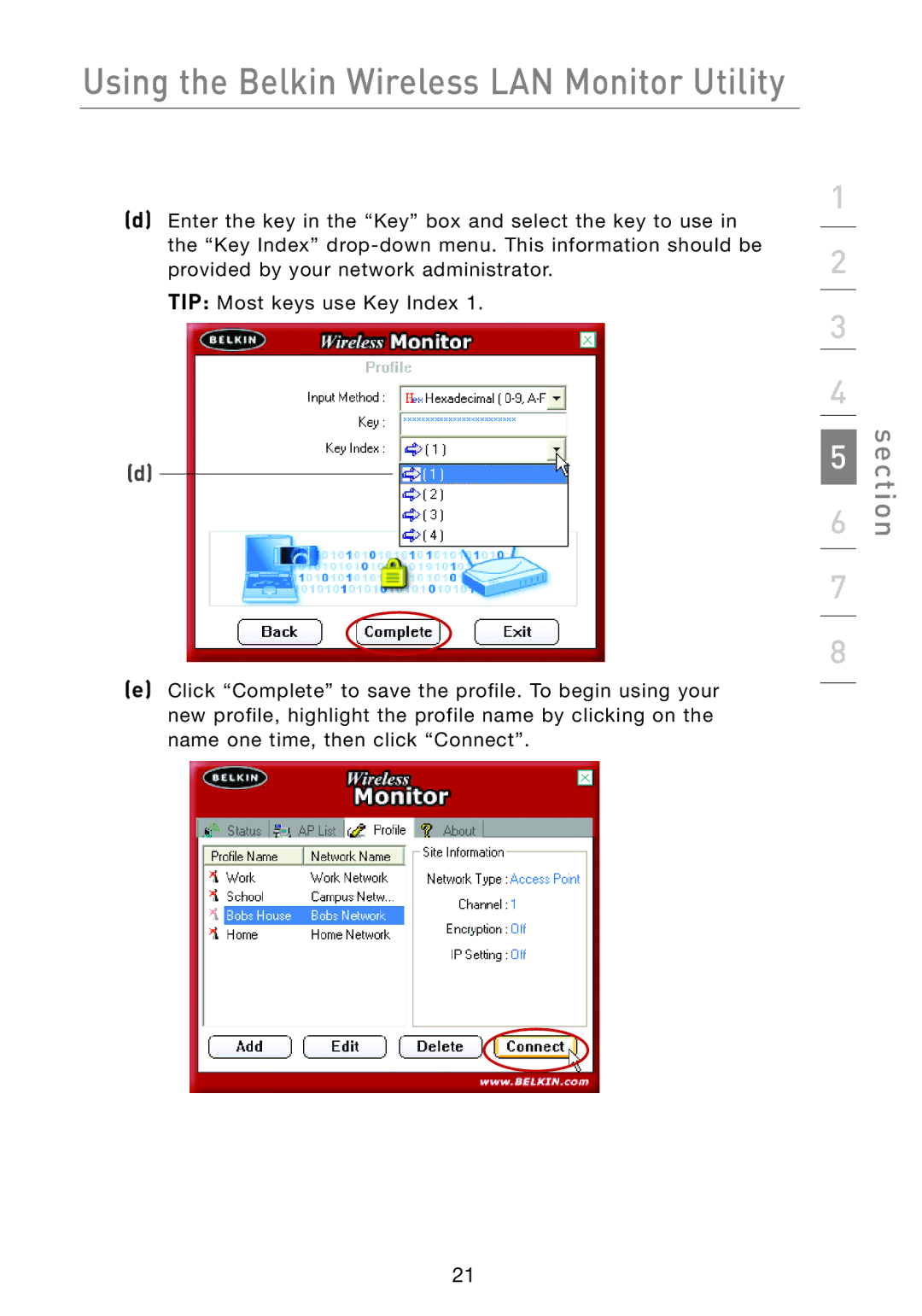 Belkin F5D7051 manual Using the Belkin Wireless LAN Monitor Utility 