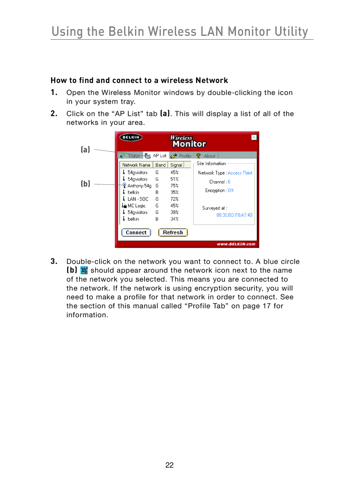 Belkin F5D7051 manual How to find and connect to a wireless Network 