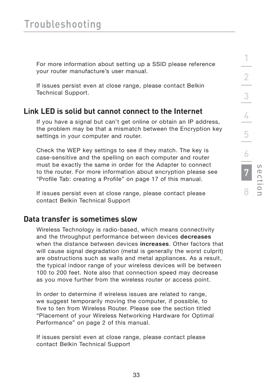 Belkin F5D7051 manual Link LED is solid but cannot connect to the Internet 