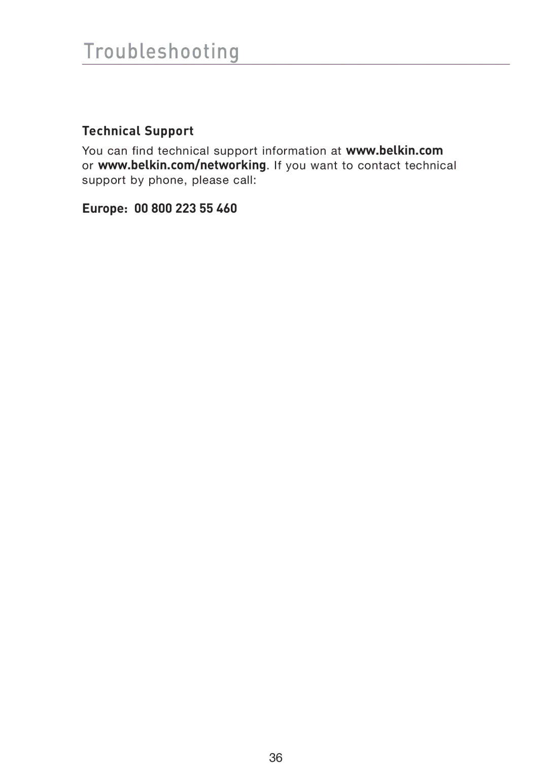 Belkin F5D7051 manual Technical Support, Europe 00 800 223 55 