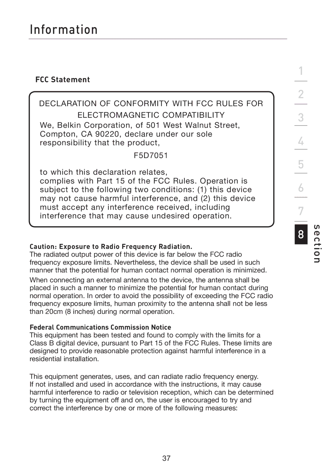 Belkin F5D7051 manual Information, FCC Statement, Federal Communications Commission Notice 