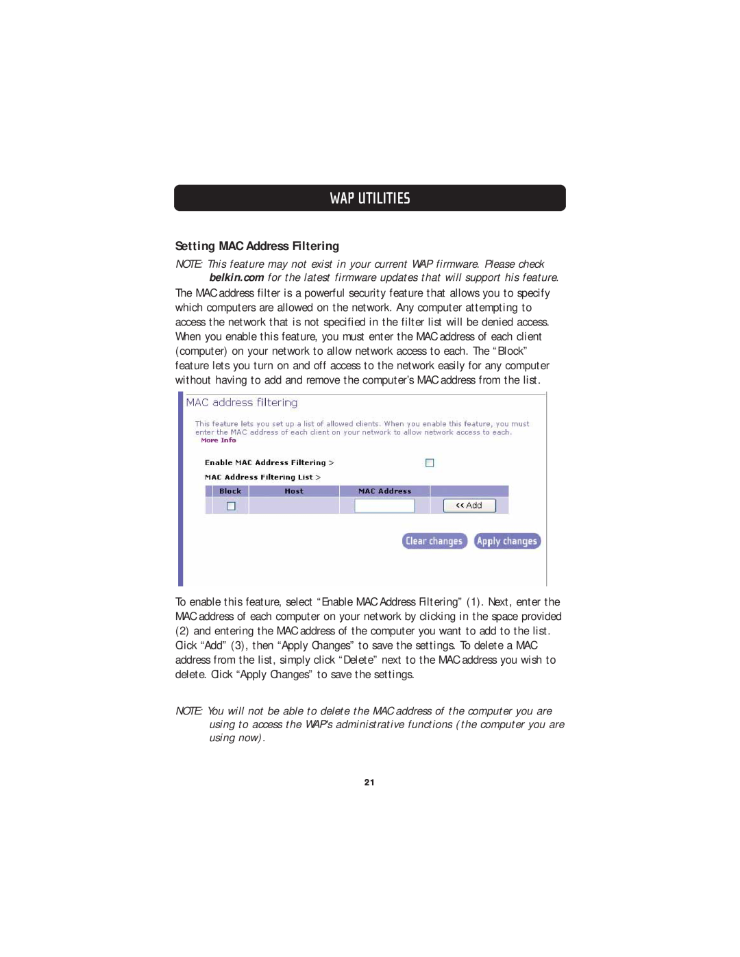 Belkin F5D7130 user manual Wap Utilities, Setting MAC Address Filtering 