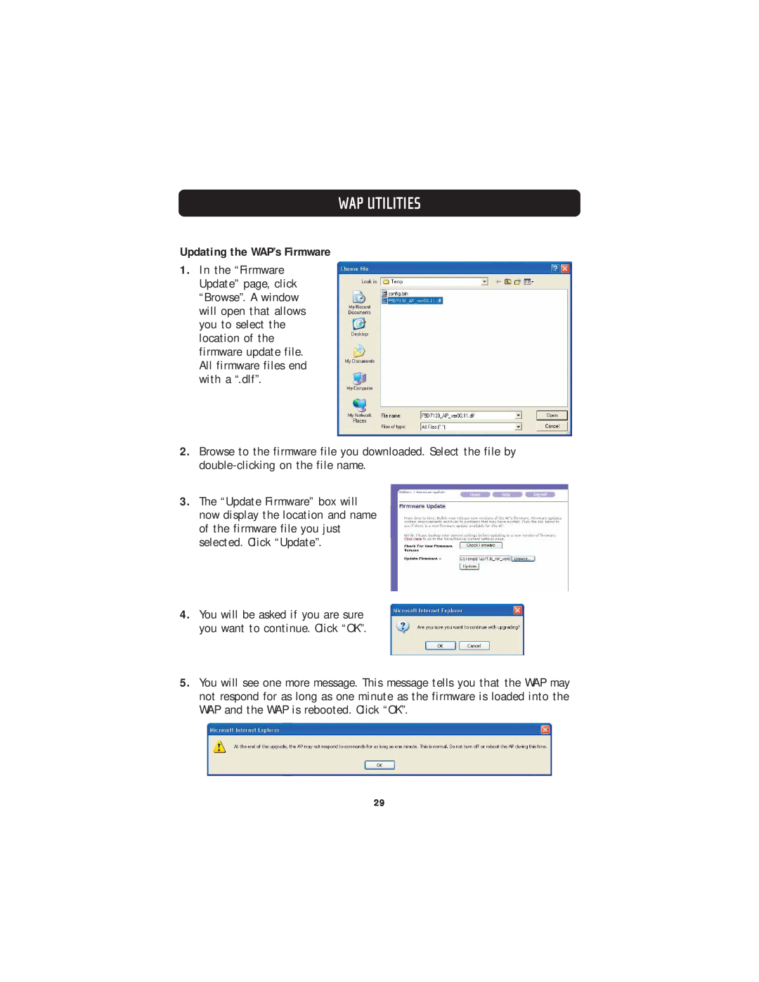 Belkin F5D7130 user manual Updating the WAP’s Firmware, Wap Utilities 
